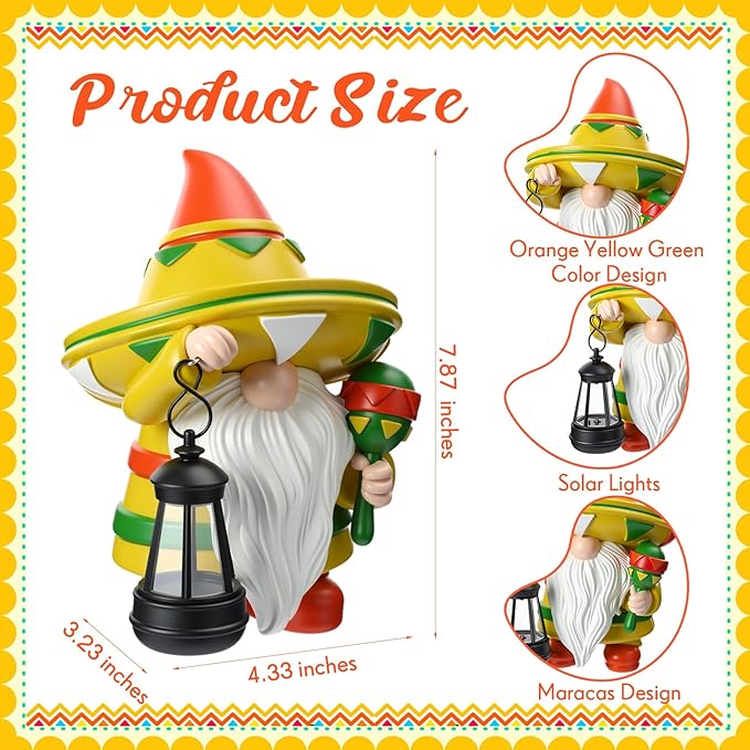 Capoda 8" Cinco de Mayo Decorations Gnomes Figurine with Solar Lights Mexican Gnomes Figures for Fiesta Table Centerpiece Taco Tuesday Outdoor Garden Resin Carnival Cinco de Mayo Statue Decor(Mexican)