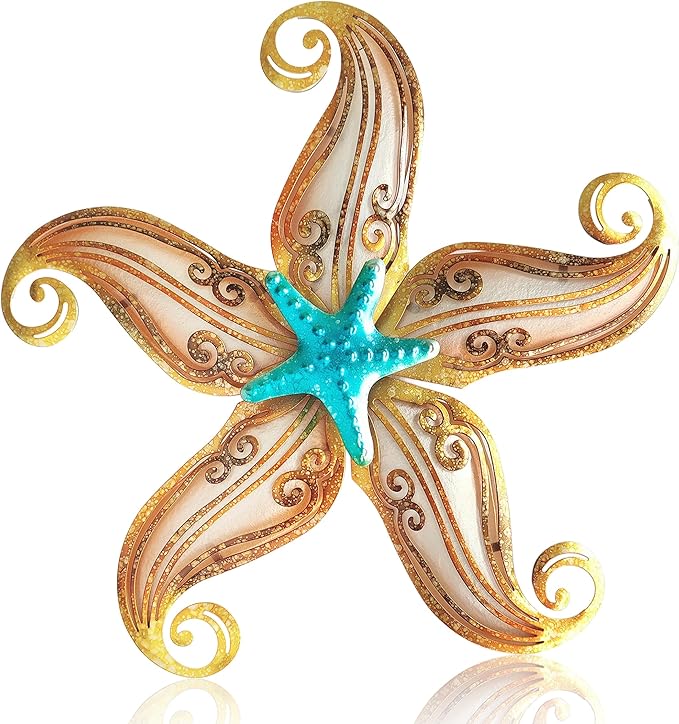 POXOHO Starfish Garden Decorations Outdoor, Starfish Wall Decor Art for Fence Patio Yard, 12" Hanging Glass Sculpture, Outdoor Wall Art Ocean Gifts for Women & Men (Apricot)
