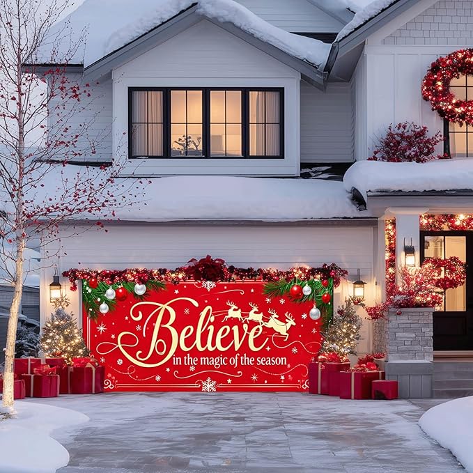 IVN Merry Christmas Happy New Year Believe Garage Door Banner 13x6 ft Christmas Garage Door Cover Wnter Scene Background Indoor Outdoor Red Snowflake Reindeer Holiday Decorations for Home and Events Wall Backdrop Decor
