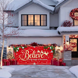 IVN Merry Christmas Happy New Year Believe Garage Door Banner 13x6 ft Christmas Garage Door Cover Wnter Scene Background Indoor Outdoor Red Snowflake Reindeer Holiday Decorations for Home and Events Wall Backdrop Decor
