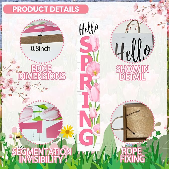 Hello Spring Porch Sign Tulip Wooden Welcome Sign Vertical Spring Hanging Signs For Standing Front Porch Decor Rustic Wall Decor Home Farmhouse Yard Door Spring Decorations 47.2"H