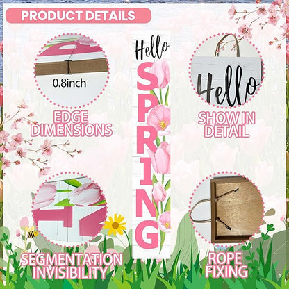 Hello Spring Porch Sign Tulip Wooden Welcome Sign Vertical Spring Hanging Signs For Standing Front Porch Decor Rustic Wall Decor Home Farmhouse Yard Door Spring Decorations 47.2"H