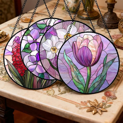 DASTOLL Stained Glass Window Hanging 4 Pcs Set Purple Flower Theme 7.8" - Tulip Suncatcher Door Garden Sun Catcher Decor Birthday Christmas for Plant Lovers Woman Nana Men