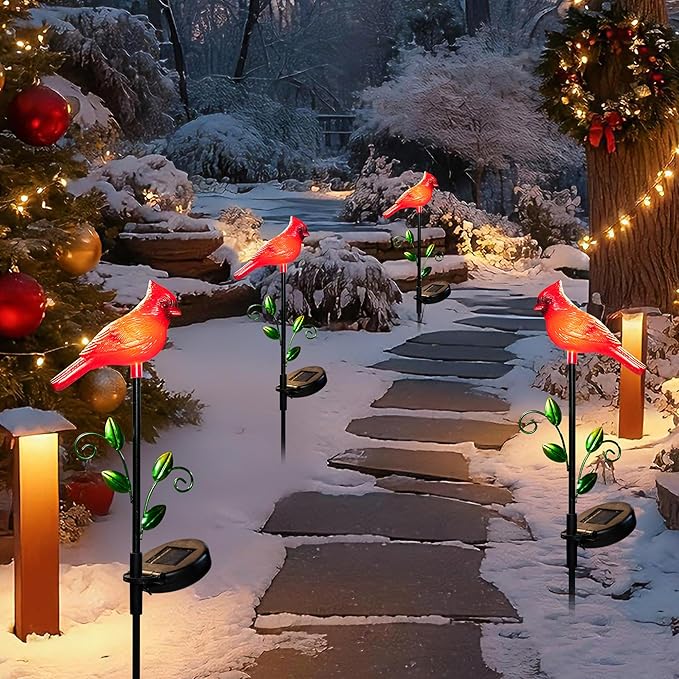 2 Pack Cardinal Garden Decor Red Bird Figurine Solar Lights Garden Stakes Decorative, Cardinal Outdoor Decor for Yard Patio Porch Lawn Ornaments Christmas Memorial Gifts Cemetery Decorations
