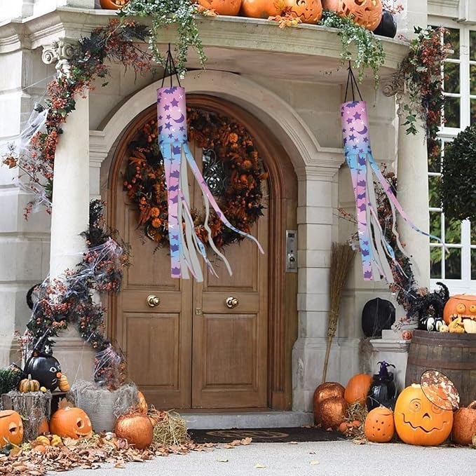 Halloween Bats Stars Windsock Hanging Flag Durable Fabric Polyester Wind Sock with Tails Patio Lawn Garden Tree Party Fall Thanksgiving Decoration