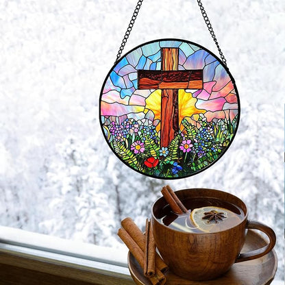 Christian Gifts for Women - Cross Stained Glass Window Hanging Jesus Easter Colorful Wildflowers Sun Catcher Garden Religion Decor Mother's Day Catholic Gift for Men Grandma Mom Her 9.8"