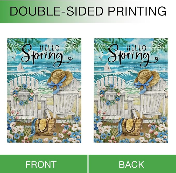 Hzppyz Hello Spring Chairs House Flag Double Sided, Forget Me Not Flower Coastal Beach Decorative Garden Yard Outdoor Large Decor, Nautical Sailboat Bag Hat Burlap Home Outside Decoration 28 x 40
