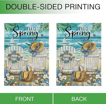 Hzppyz Hello Spring Chairs House Flag Double Sided, Forget Me Not Flower Coastal Beach Decorative Garden Yard Outdoor Large Decor, Nautical Sailboat Bag Hat Burlap Home Outside Decoration 28 x 40