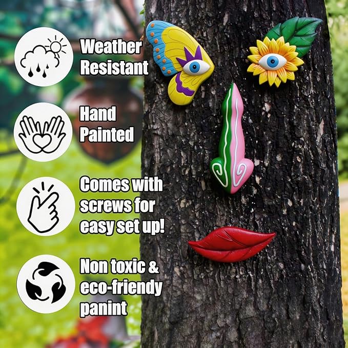 2 Pack Tree Faces Decor Outdoor, Trees Art Decoration, Colorful Funny Outdoor Tree Faces Decor Creative Face for Patio Trees and Wall Decoration