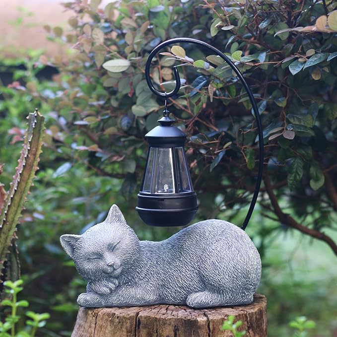 Solar Garden Statue with LED Lights - Cute Sleep Cat Sculpture, Waterproof Resin Ornament for Lawn, Patio, Yard, Balcony & Home Decor, Solar Powered Light for Outdoor and Indoor Spaces