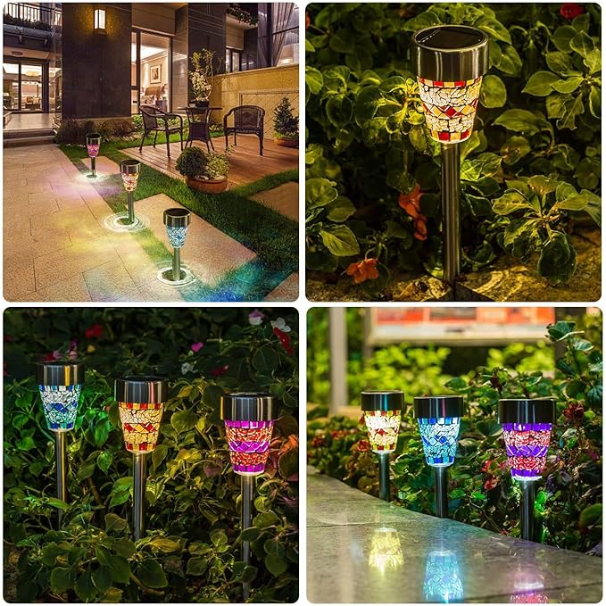 6-Pack Solar Mosaic Border Lawn Garden Lights, LED Mosaic Stake Lights Pathway Landscape Lighting for Patio Walkway Driveway Outdoor Christmas Garden Home Decoration (Multicolor)
