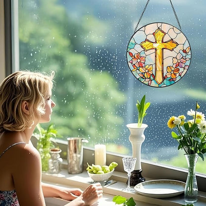 Stained Glass Cross Sun Catcher - 8'' Handcrafted Suncatcher for Window Home Decor, Symbolizing Faith, Hope, and Light, Perfect for Spiritual Spaces, Weddings, and Religious Celebrations (F)