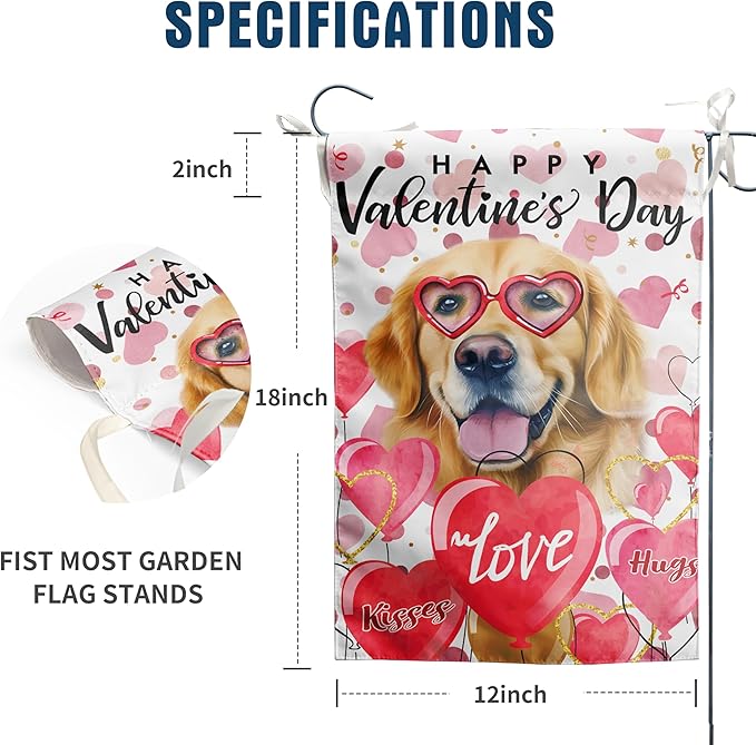 Golden Retriever Valentine Garden Flag Valentines Day Flags for Outside 12x18 Double Sided Small Yard Flags Dog Valentine's Day Decor Outdoor Lawn Valentines Banners Front Porch