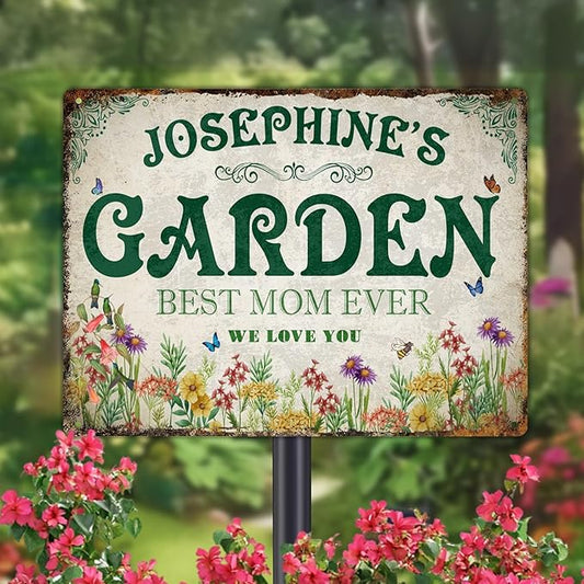 Custom Garden Signs Personalized Metal Tin Sign for Women, Retro Hummingbird Metal Sign for Outdoor, Patio, Yard Home Decor Gift for Mothers Day, Grandmas, and Gardening Lovers (For MOM 03)