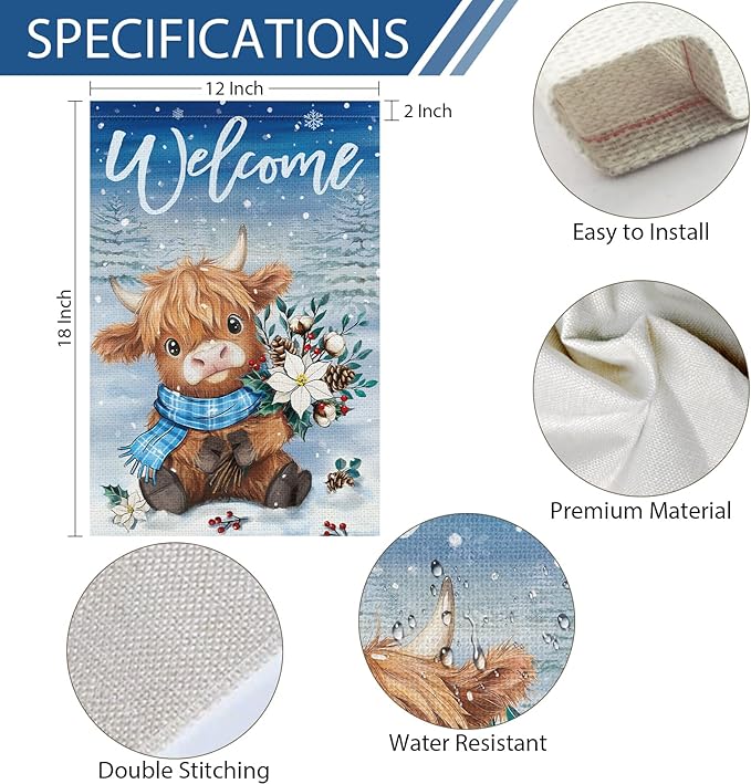 Heyfibro Welcome Winter Highland Cow Garden Flag 12x18 Inch Double Sided Burlap, Christmas Flower Pine Snowflake Snow Yard Flags for Seasonal Xmas Outside Outdoor Decoration (ONLY FLAG)