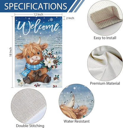 Heyfibro Welcome Winter Highland Cow Garden Flag 12x18 Inch Double Sided Burlap, Christmas Flower Pine Snowflake Snow Yard Flags for Seasonal Xmas Outside Outdoor Decoration (ONLY FLAG)