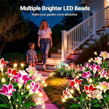 WdtPro Upgraded Solar Garden Lights Outdoor: 4 Pack 2-in-1 Solar Firefly Swaying Light with Lily Flower and Glowing Stem, Waterproof Garden Decor for Yard Patio Pathway Lawn, Gardening Gifts for Women