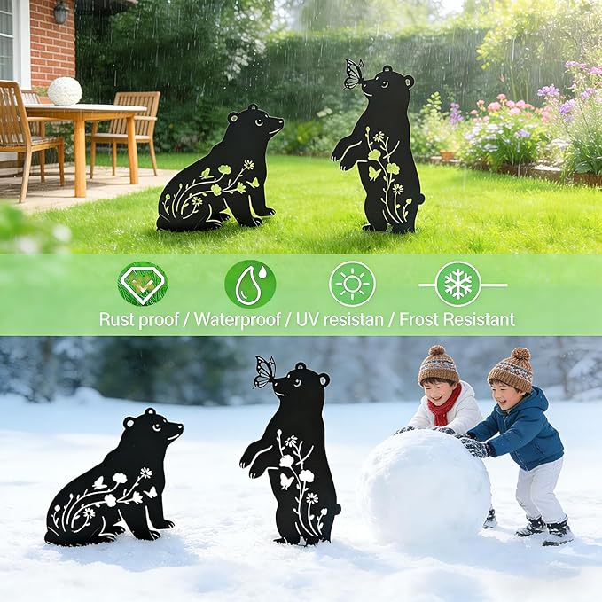 Bear Garden Decor for Outside, Metal Bear Decorative Garden Stakes Set of 2, Rust-Proof Black Silhouette Yard Art for Lawn,Patio,Backyard Outdoor Decorations, Gifts for Animal Lovers ﻿