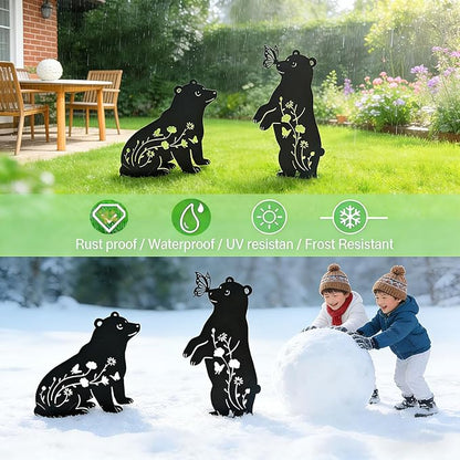 Bear Garden Decor for Outside, Metal Bear Decorative Garden Stakes Set of 2, Rust-Proof Black Silhouette Yard Art for Lawn,Patio,Backyard Outdoor Decorations, Gifts for Animal Lovers ﻿