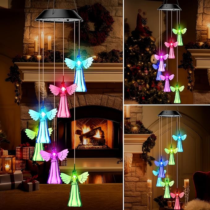 Retisee LED Solar Hanging Wind Chime, Outdoor Mobile Color Changing Light, Home Yard Garden Decoration Automatic Light Gift for Party Women Mom(Angle)