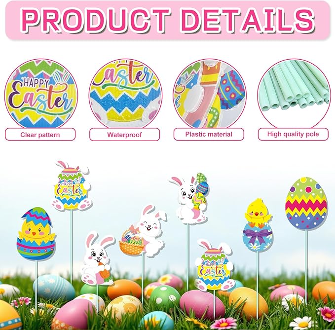 Cinrobiye 12Pcs Easter Planter Stakes Flower Pot Signs 5.9Inches Bunny Chick Jesus Egg Garden Stake Outdoor Lawn for Easter Party Patio Yard Outside Greetings Home Farmhouse Decor