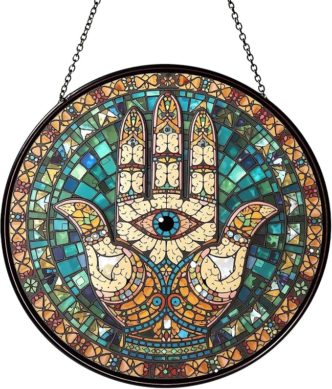Hamsa Hand Stained Glass Window Hanging Hand of Fatima Sun Catcher Decor Protection Charm Suncatchers for Home Windows Hanging Decoration, 7.87inch