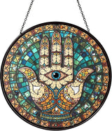 Hamsa Hand Stained Glass Window Hanging Hand of Fatima Sun Catcher Decor Protection Charm Suncatchers for Home Windows Hanging Decoration, 7.87inch
