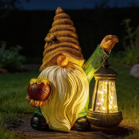 12.3'' Solar Garden Gnomes Outdoor Decor Honey Bee jar Gnome Statues with LED Lantern Spring Patio Lawn Yard Art Decoration Easter Birthday Christmas Gardening Gifts for Mom Dad, Bee Gnome