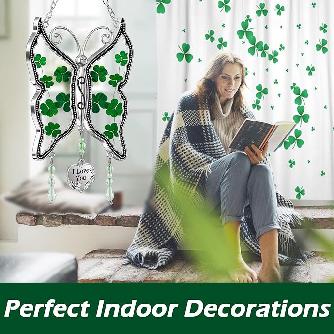 KY&BOSAM Shamrock Butterfly Suncatcher I Love You Irish Stained Glass for Windows Hangings Ornament for Wind Chiem Real Flower Wings Gift fo Women St Patrick's Day Mothers Day Valentine's Home Decor