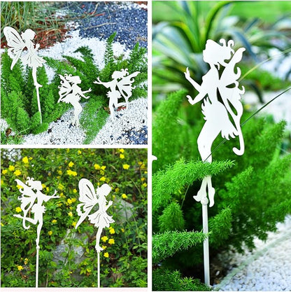 Sungmor 3PC Shabby Chic White Thick Metal Fairies Stakes, 28 Inch Tall Large Angel Statues, Decorative Stakes for Indoor Planter Plant Supporter, Outdoor Garden Lawn Patio Courtyard Landscaping Decor