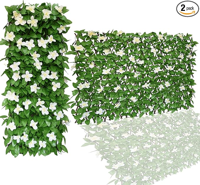 Expandable Faux Ivy Fence,Artificial Privacy Screen Decor for Outdoor Wall, Balcony and Patio, Single Sided Leaves (2,White Flower)