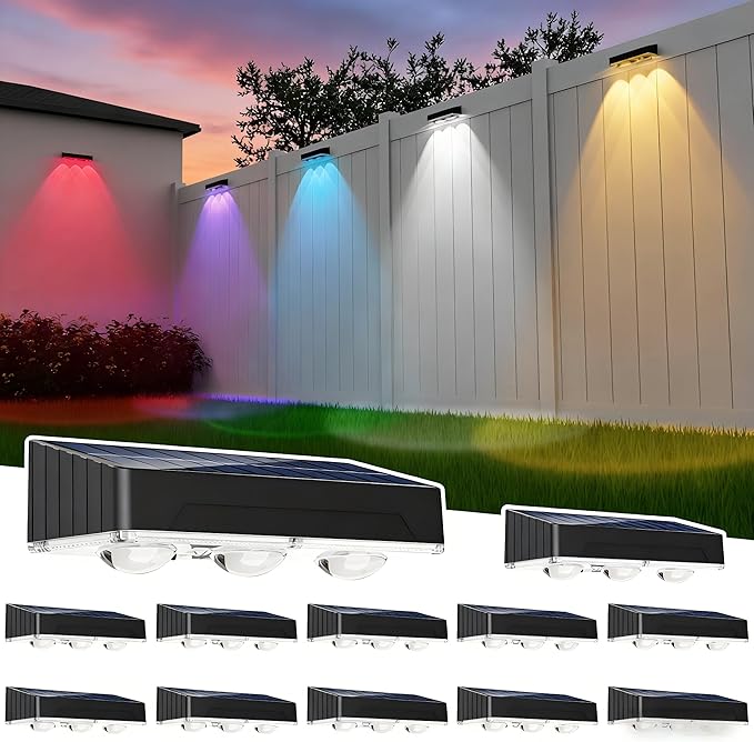 Solar Fence Lights Outdoor Waterproof，12pack High Brightness LED Spot Lens Deck Lights 10 Mode & RGB Solar Powered Wall Lighting Decor for Outside Wall, Deck, Patio, Yard, (Black-3lens, 12 pack)