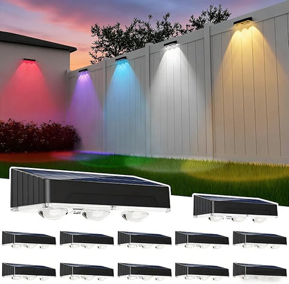 Solar Fence Lights Outdoor Waterproof，12pack High Brightness LED Spot Lens Deck Lights 10 Mode & RGB Solar Powered Wall Lighting Decor for Outside Wall, Deck, Patio, Yard, (Black-3lens, 12 pack)
