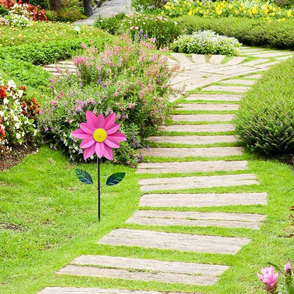 Metal Sunflower Wind Spinner,45 in Double Layer Sun Flower Windmill with Green Leaves and Stake,360° Rotating Sunflower Decor Wind Pinwheel Sculpture for Garden Yard Patio Lawn Decor (Pink)