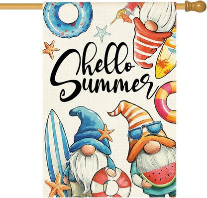 AVOIN colorlife Hello Summer Gnomes House Flag 28x40 Inch Double Sided, Coastal Seasonal Holiday Burlap Yard Outdoor Decoration