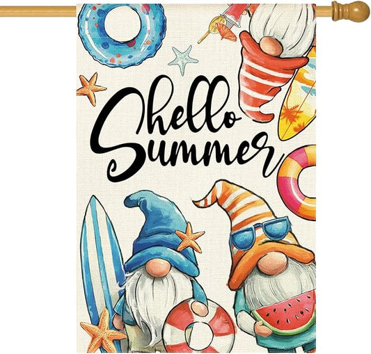 AVOIN colorlife Hello Summer Gnomes House Flag 28x40 Inch Double Sided, Coastal Seasonal Holiday Burlap Yard Outdoor Decoration