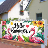 13x6 ft Hello Summer Flamingo Garage Door Banner - Colorful Flamingo Watermelon Pattern with Greeting Backdrop, Hanging Garage Decor - for Summer Welcome Pool Party, Fun Outdoor Wall Sign