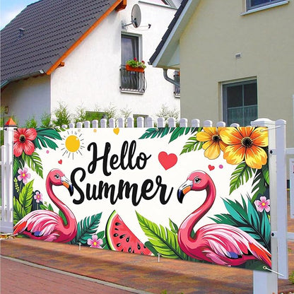 13x6 ft Hello Summer Flamingo Garage Door Banner - Colorful Flamingo Watermelon Pattern with Greeting Backdrop, Hanging Garage Decor - for Summer Welcome Pool Party, Fun Outdoor Wall Sign