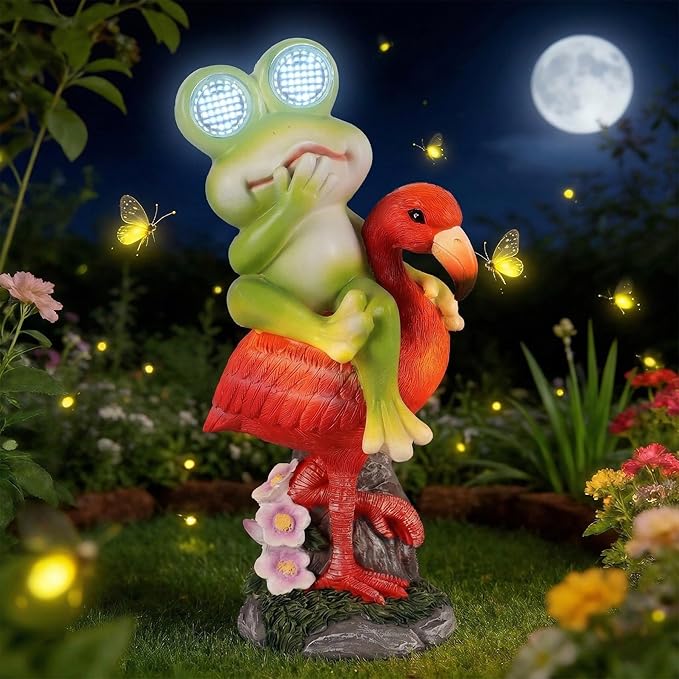 Solar Garden Decor Garden Statues Yard Art Frog Riding Flamingo Outdoor Funny Decoration for Lawn, Patio, Yard, Gardening Gifts for Women Mothers Day Gifts for Mom