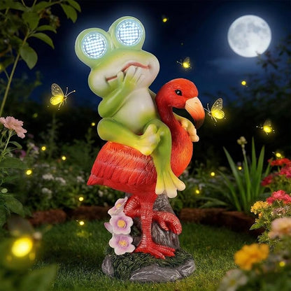 Solar Garden Decor Garden Statues Yard Art Frog Riding Flamingo Outdoor Funny Decoration for Lawn, Patio, Yard, Gardening Gifts for Women Mothers Day Gifts for Mom