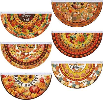 6 Pcs Hello Fall Bunting Flag Thanksgiving Pumpkin Welcome Fall Outdoor Half Banner Happy Harvest Autumn Pumpkin Squirrel Pattern Bunting Flag for Thanksgiving Garden Decor, 1.5 x 3 ft
