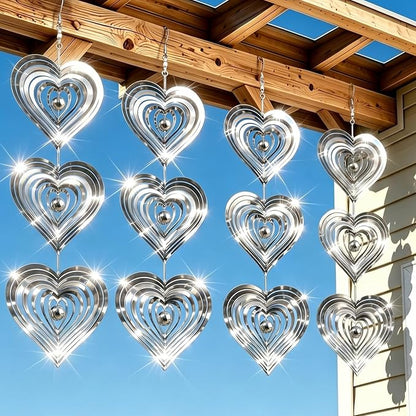 12PCS Stainless Steel Bird Deterrent Wind Spinners for Outside – Reflective Outdoor Bird Repellent Hanging Ornaments, Humane Pigeon Scarer for Yard Garden, Balcony, Patio, Roof & Window (12, Heart)