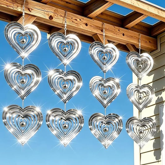 12PCS Stainless Steel Bird Deterrent Wind Spinners for Outside – Reflective Outdoor Bird Repellent Hanging Ornaments, Humane Pigeon Scarer for Yard Garden, Balcony, Patio, Roof & Window (12, Heart)