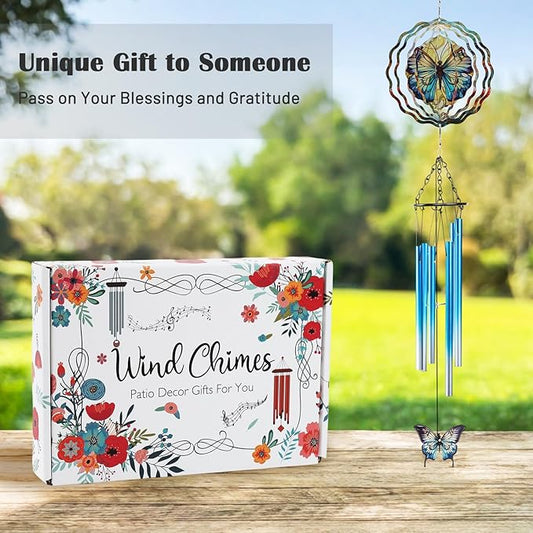 Butterfly Wind Spinner Chimes Outdoor - Hanging Garden Decor with Spinning Butterfly, Metal Wind Chimes for Patio, Yard, Backyard - Birthday Housewarming Gifts for Women/Mom/Grandma