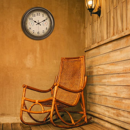 12 Inch Outdoor Clock with Thermometer and Hygrometer Combo, Waterproof Indoor Outdoor Wall Clocks for Patio, Pool,Garden Decor- Retro Bronze