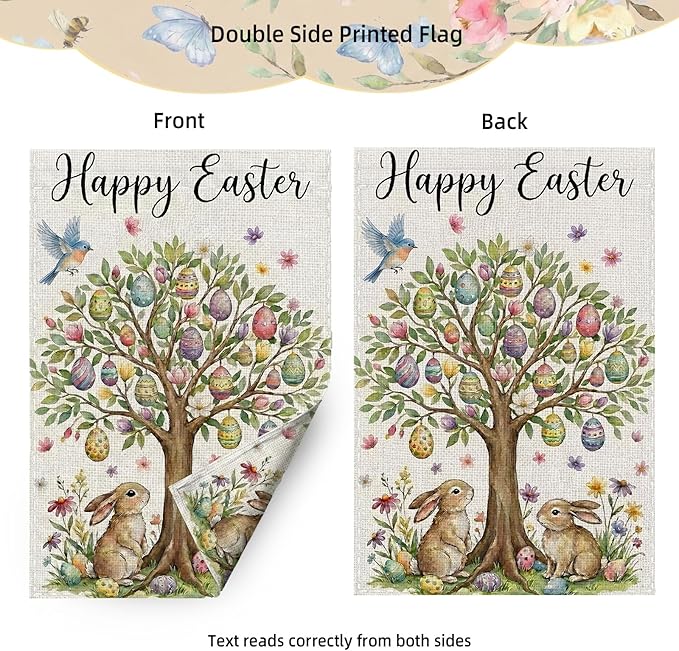 Happy Easter Garden Flag 12 x 18 Inch Double Sided Outside Flag, Easter Eggs Tree Bunny Yard Outdoor Easter Holiday Decoration