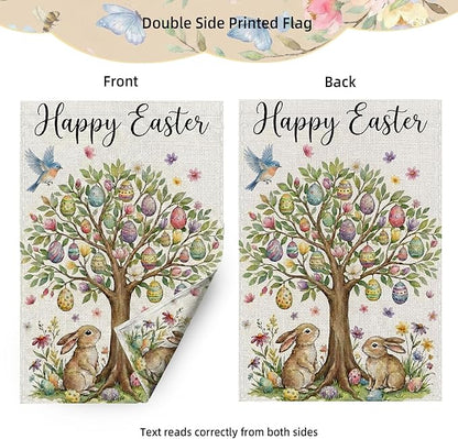 Happy Easter Garden Flag 12 x 18 Inch Double Sided Outside Flag, Easter Eggs Tree Bunny Yard Outdoor Easter Holiday Decoration