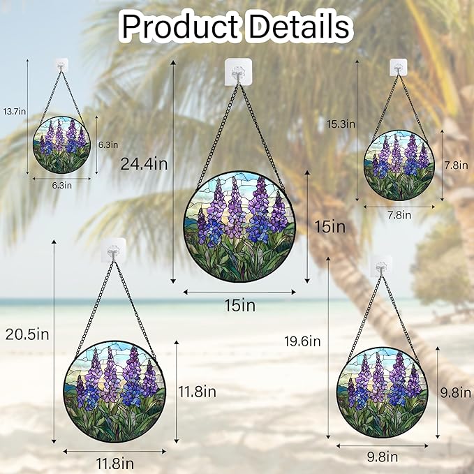 Stained Glass Window Hanging - Purple Delphinium Birth Flower Suncatcher for Door Garden Patio Sun Catchers Decor Christmas Mother's Day Birthday Gifts for Women Mom Nana Friend 6.3 in
