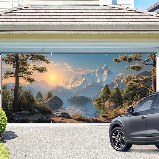 ANNA QUEEN Mountain Lake Sunset Garage Door Banner 6 x 13FT, Scenic Lake, Forest, and Snowy Mountains Sunset, Nature Landscape Backdrop for Yard, Parties, Holiday Home Decor