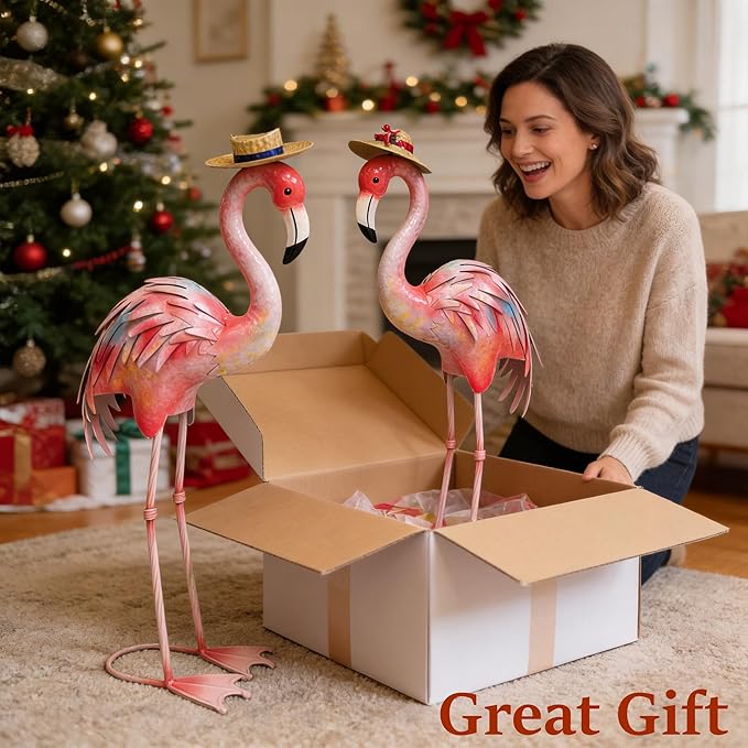 chisheen Flamingo Statues Pink Bird Art Garden Sculptures Outdoor Metal Yard Decor for Wedding Gifts Patio Lawn Porch Ornament Decoration